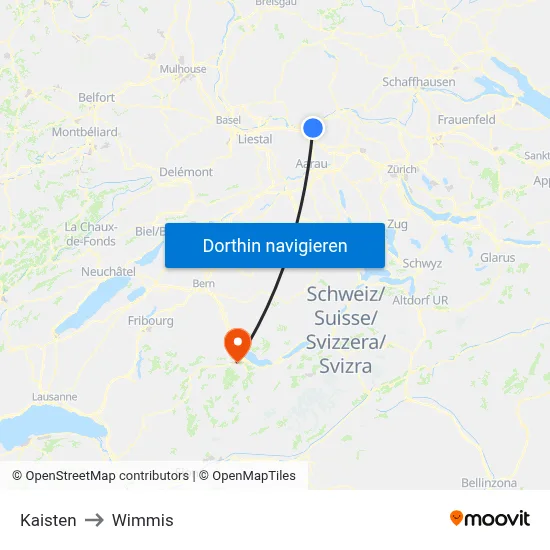 Kaisten to Wimmis map