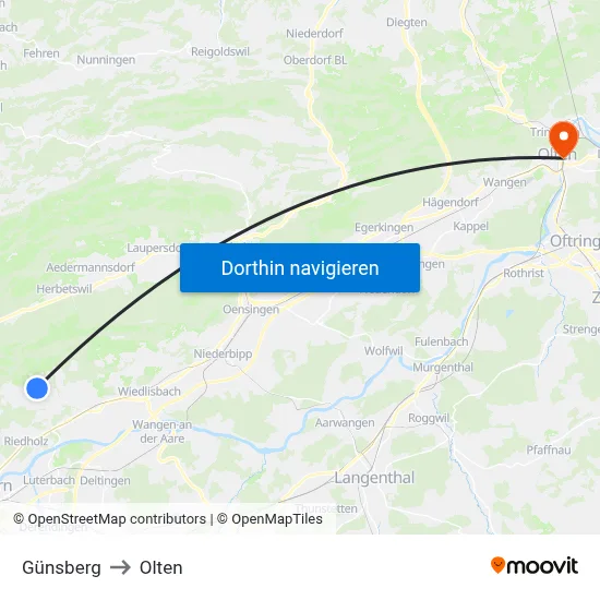 Günsberg to Olten map