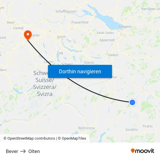 Bever to Olten map