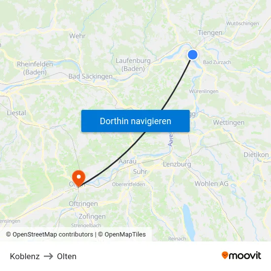 Koblenz to Olten map