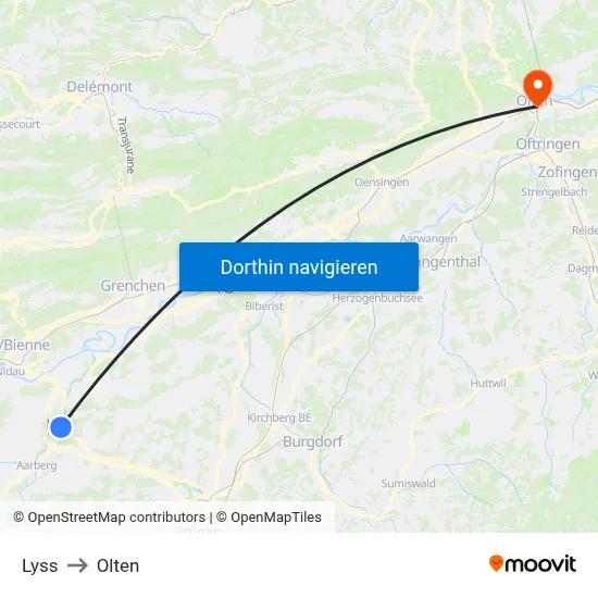 Lyss to Olten map