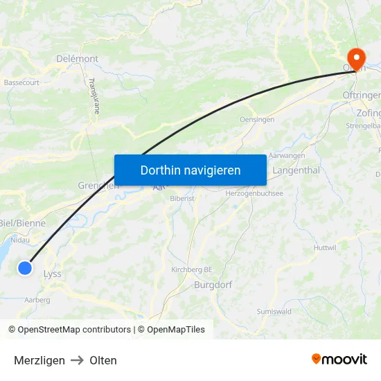 Merzligen to Olten map