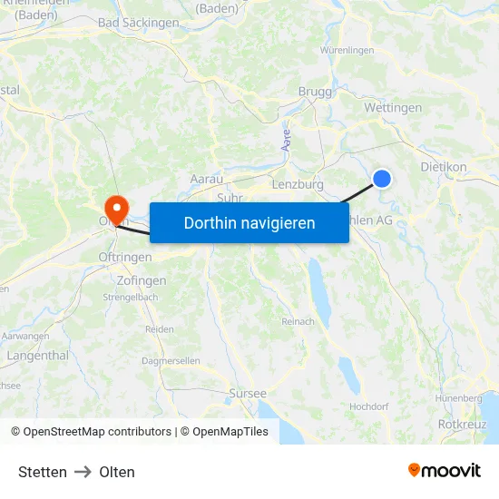 Stetten to Olten map