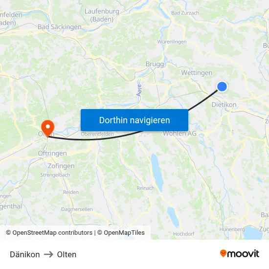Dänikon to Olten map