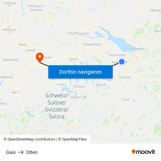 Gais to Olten map