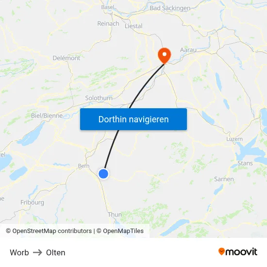 Worb to Olten map