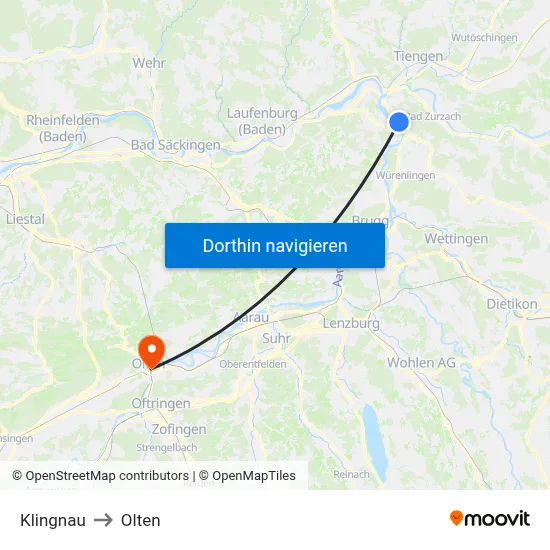 Klingnau to Olten map