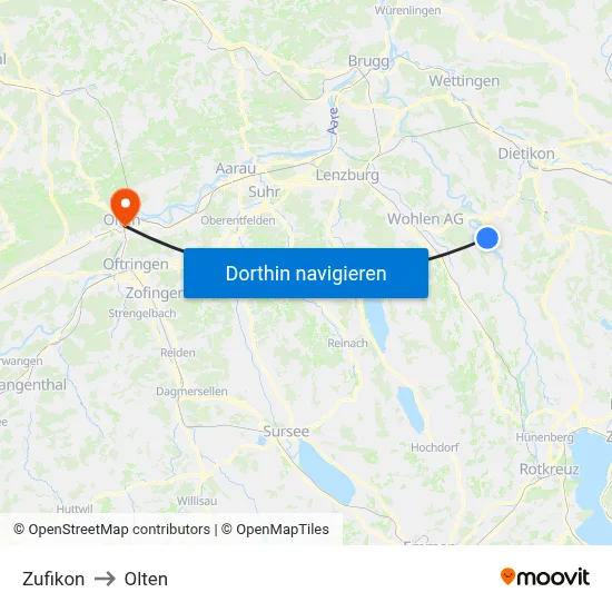 Zufikon to Olten map