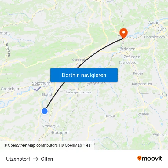 Utzenstorf to Olten map