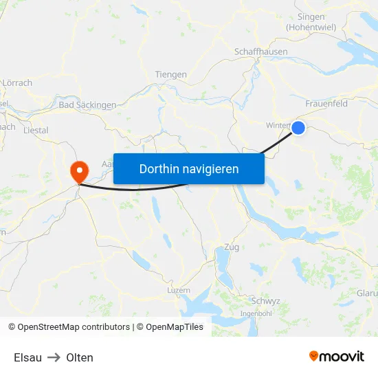 Elsau to Olten map