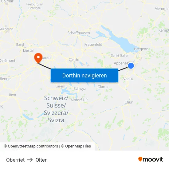 Oberriet to Olten map