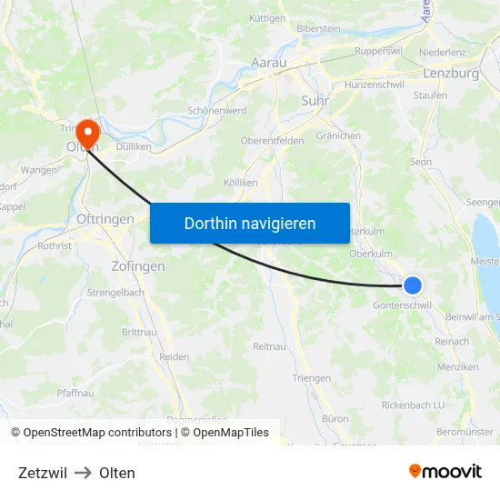 Zetzwil to Olten map