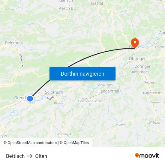 Bettlach to Olten map