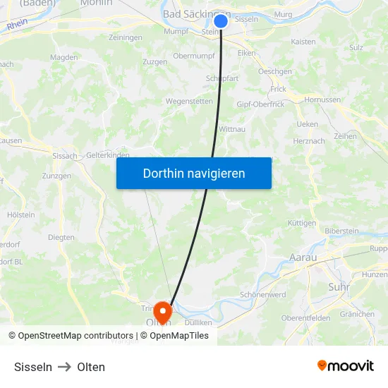 Sisseln to Olten map