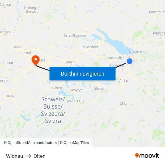 Widnau to Olten map