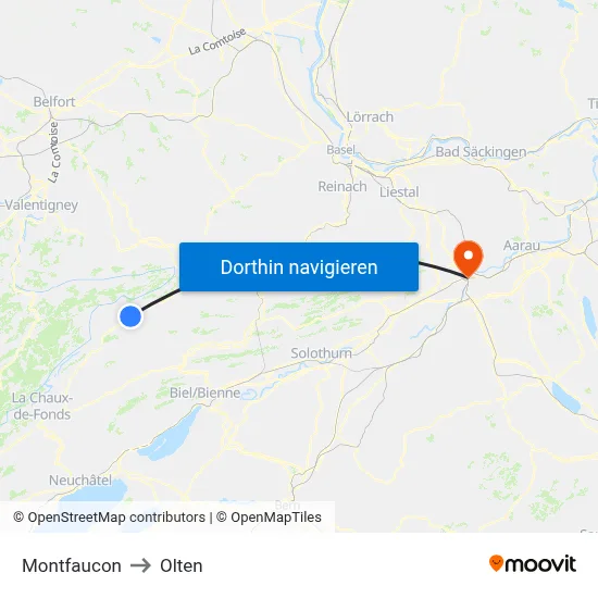Montfaucon to Olten map