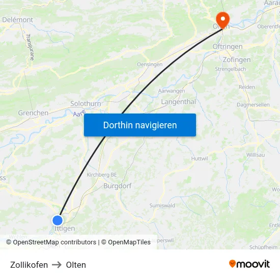 Zollikofen to Olten map