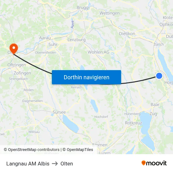 Langnau AM Albis to Olten map