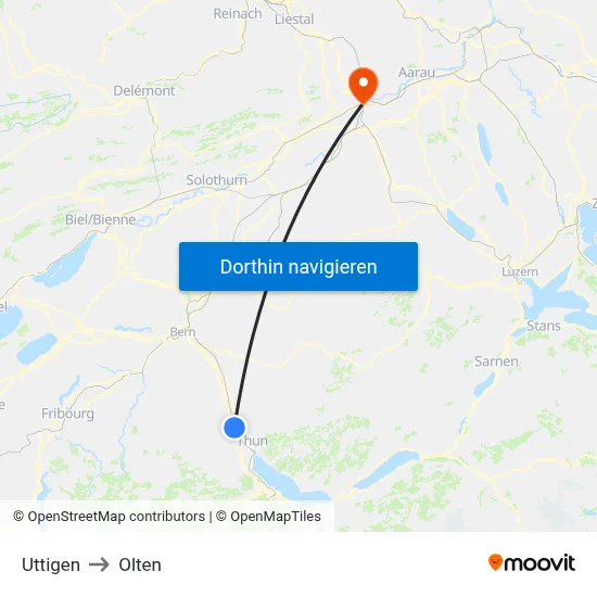 Uttigen to Olten map