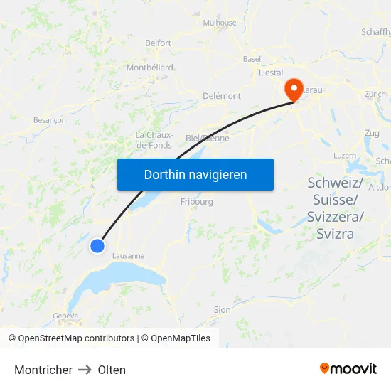 Montricher to Olten map