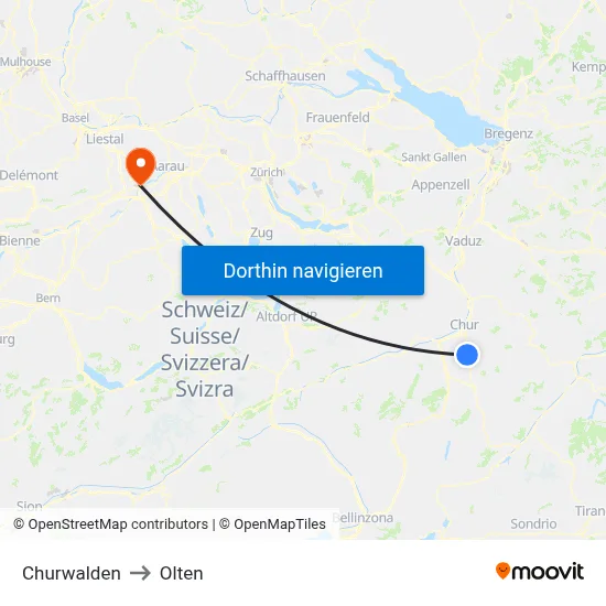 Churwalden to Olten map