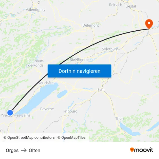 Orges to Olten map