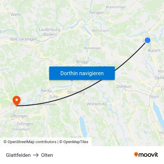 Glattfelden to Olten map