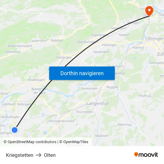 Kriegstetten to Olten map