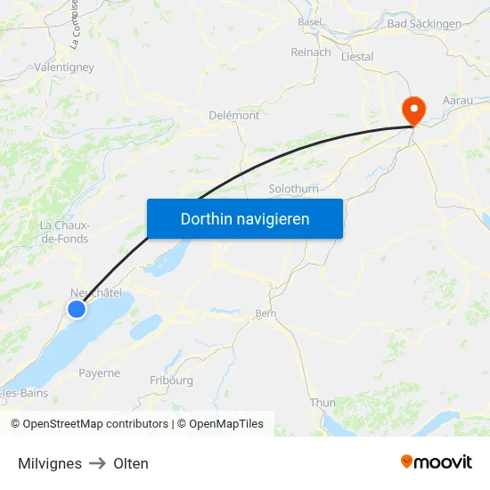 Milvignes to Olten map