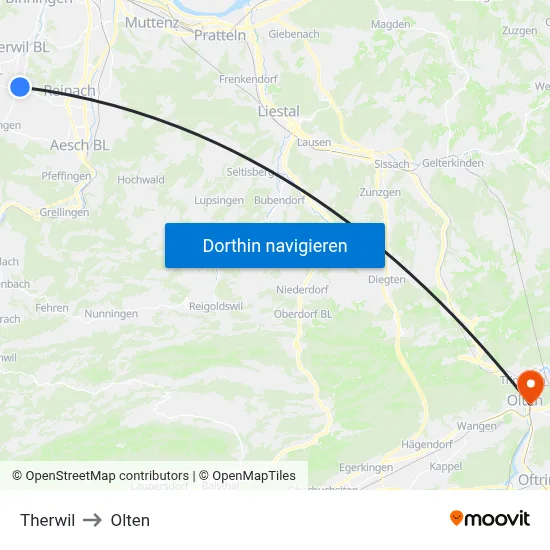 Therwil to Olten map