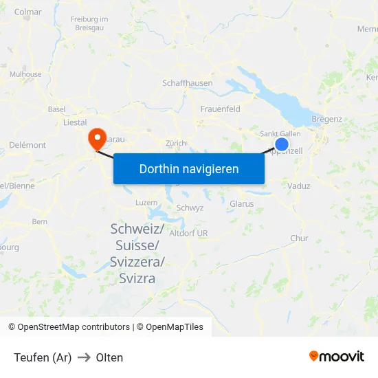Teufen (Ar) to Olten map