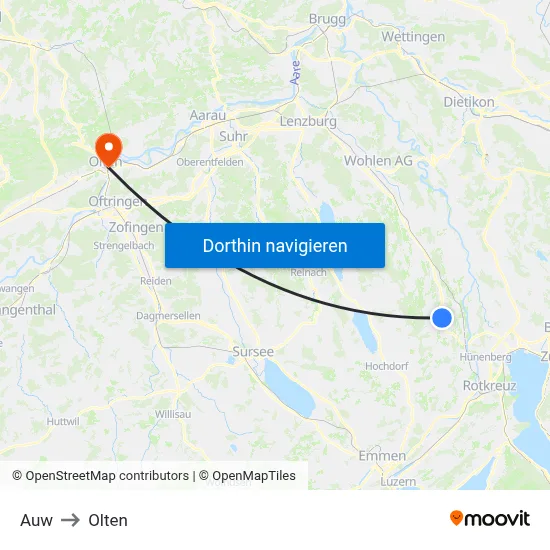 Auw to Olten map
