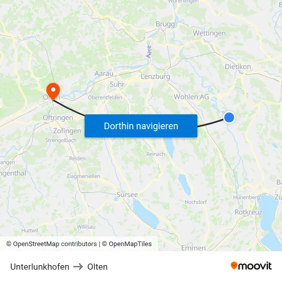 Unterlunkhofen to Olten map