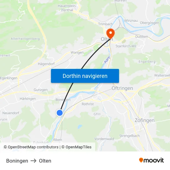 Boningen to Olten map