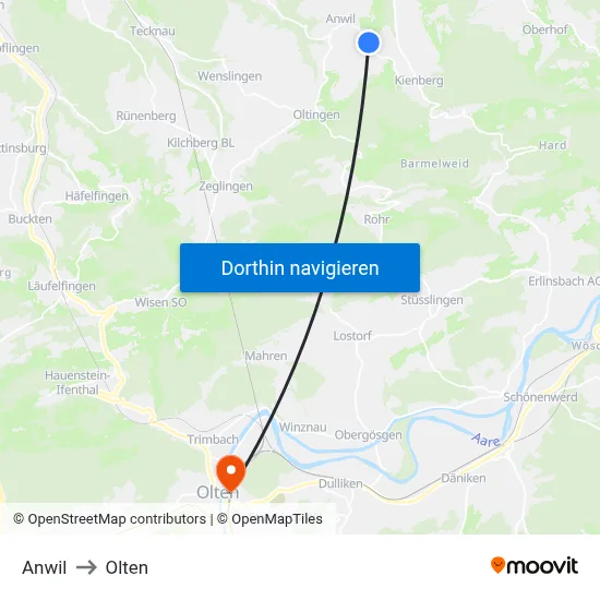 Anwil to Olten map