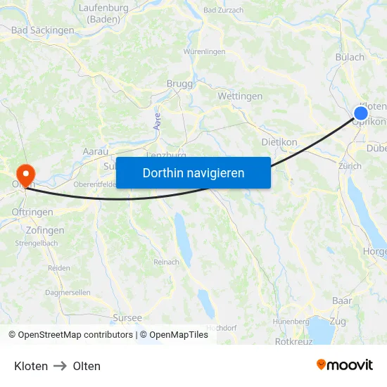 Kloten to Olten map