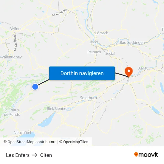 Les Enfers to Olten map