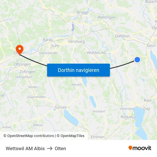 Wettswil AM Albis to Olten map