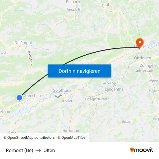 Romont (Be) to Olten map