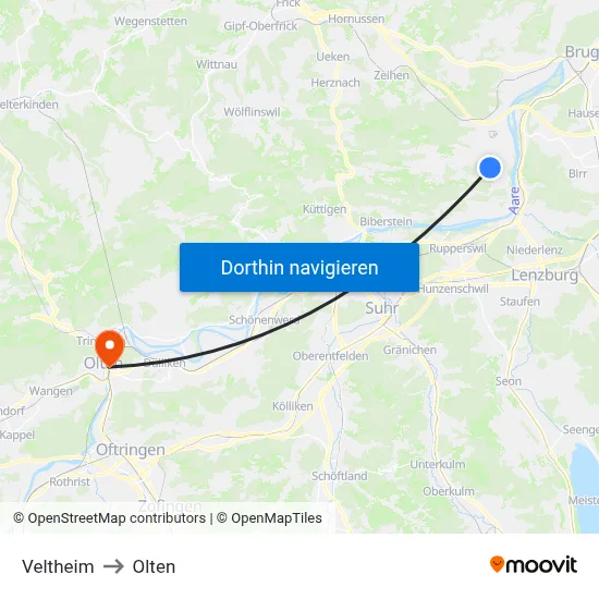 Veltheim to Olten map