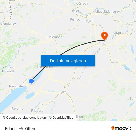 Erlach to Olten map