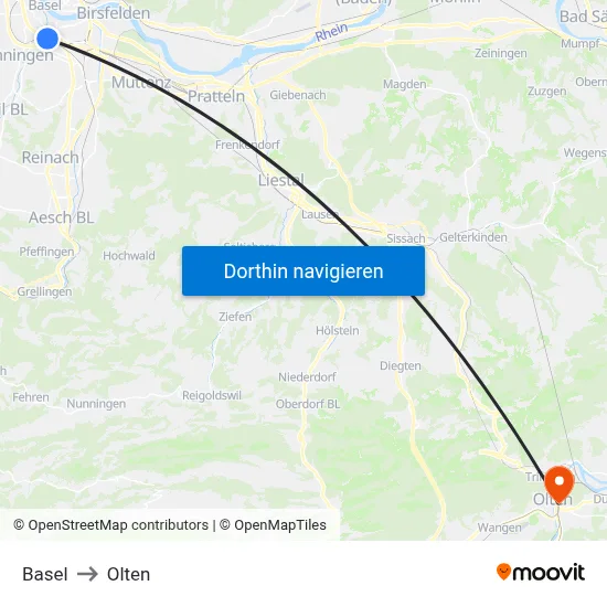 Basel to Olten map