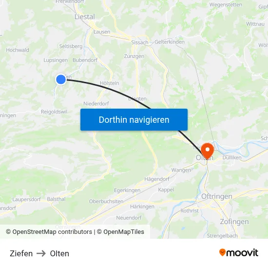 Ziefen to Olten map