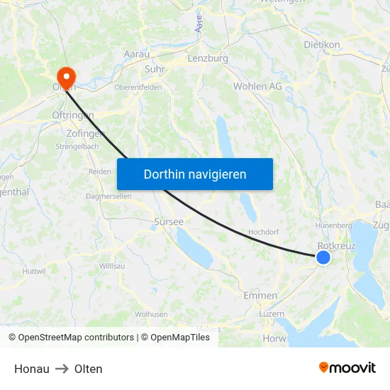 Honau to Olten map