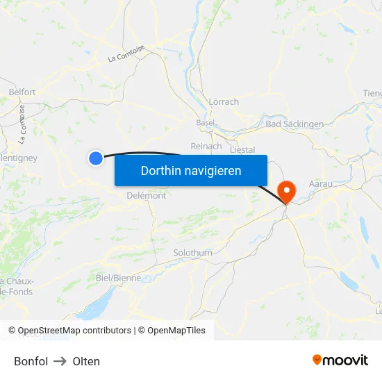 Bonfol to Olten map