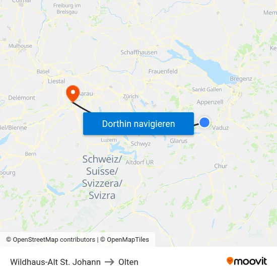 Wildhaus-Alt St. Johann to Olten map