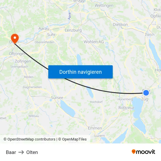 Baar to Olten map