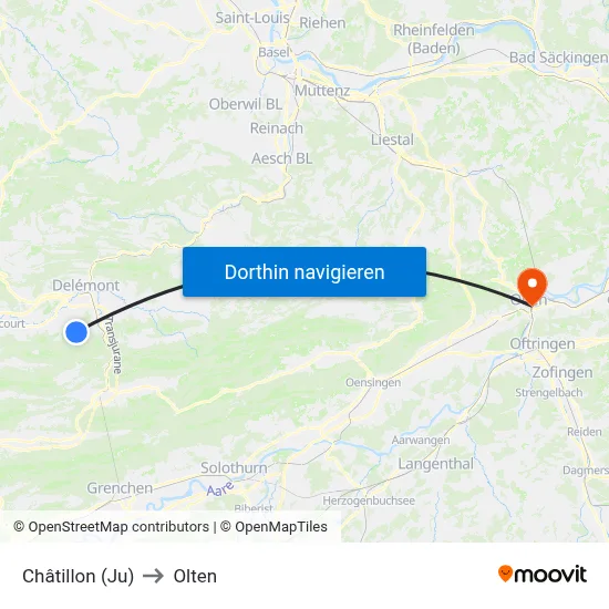 Châtillon (Ju) to Olten map