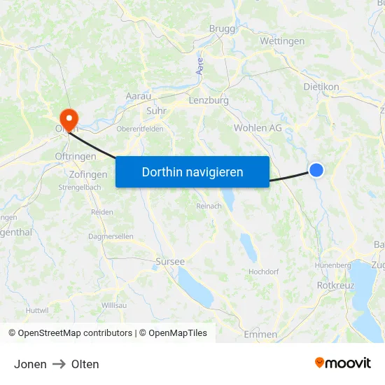 Jonen to Olten map