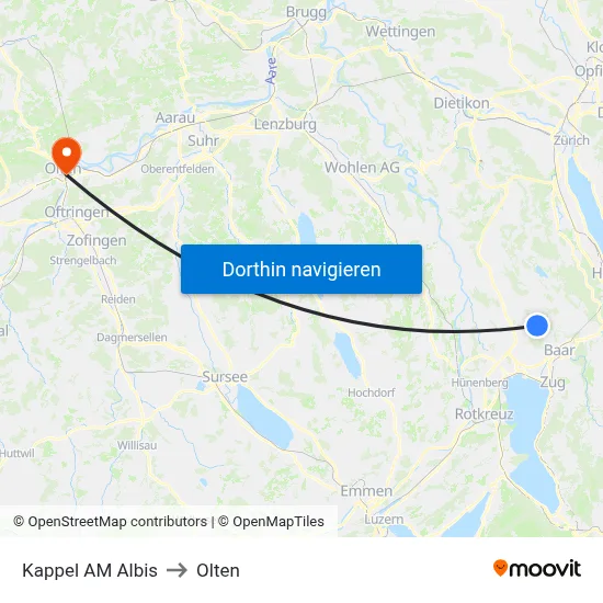 Kappel AM Albis to Olten map